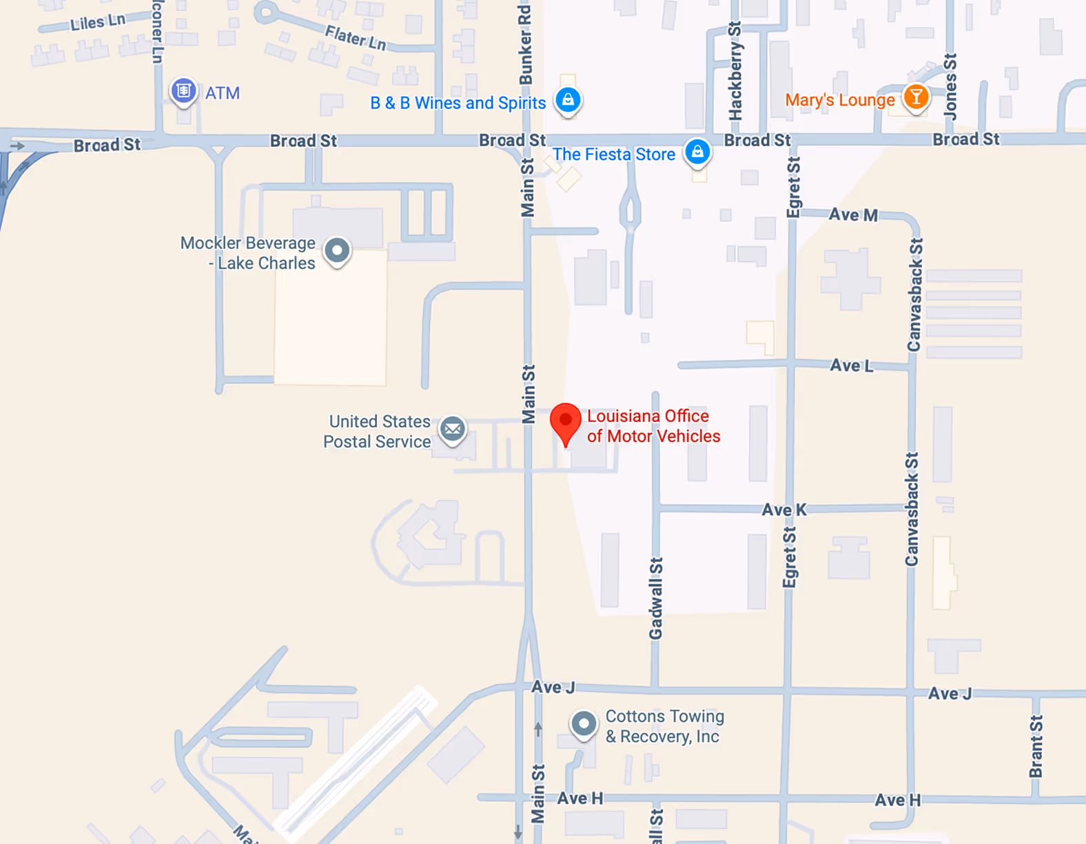 Map showing Lake Charles IRP office at 951 Main Street