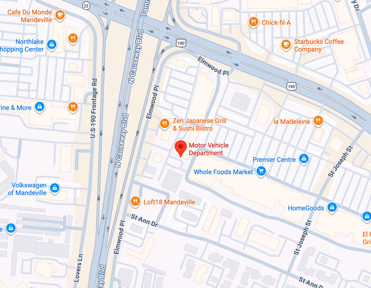 Map showing Mandeville IRP office at 1715 N Causeway